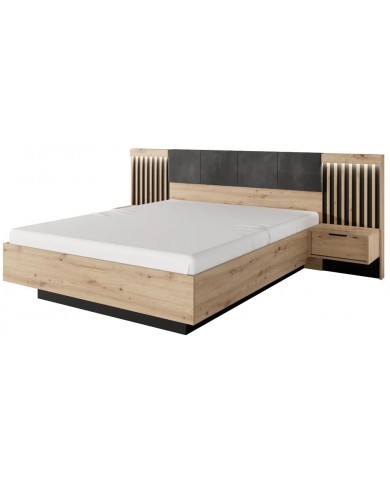 Lit AURA 160x200 chevets intégrés – Chêne Artisanal & Anthracite  Design nervuré + LED + rangements intégrés