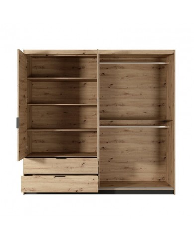PACK CHAMBRE AURA –  Lit 160x200 + 2 chevets intégrés+ Led + armoire miroir 4 portes + commode AURA
