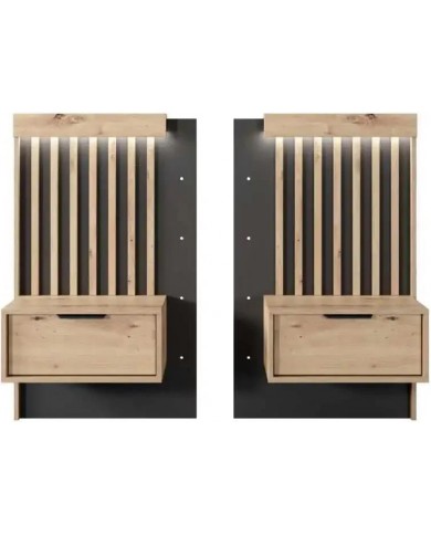 PACK CHAMBRE AURA –  Lit 160x200 + 2 chevets intégrés+ Led + armoire miroir 4 portes + commode AURA