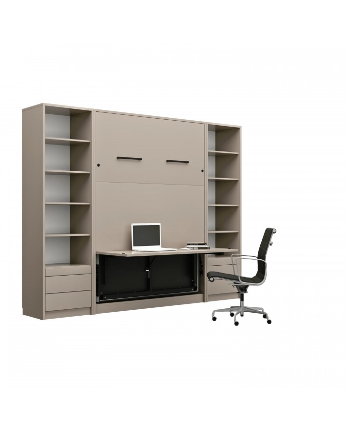 Armoire lit escamotable relevable vertical avec bureau intégré 120x200 cm taupe DELUXE