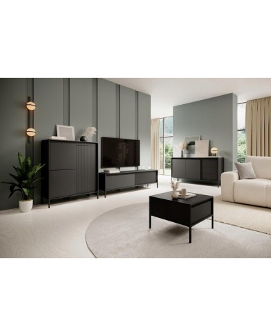Meuble TV 2 portes Sculptural 187 cm avec façades rainurées noirs LUXOR NOIR